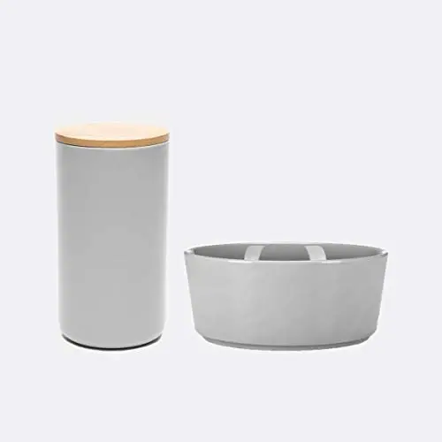 Waggo Simple Solid Ceramic Medium Dog Bowl and Air Tight Treat Jar Set - Light Grey