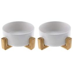 Micro Traders 2Pcs Ceramic Cat Dog Bowl, with Bamboo Elevated Stand for Puppy Kitten Pet Raised Feeder Gift Dishwasher-Safe White