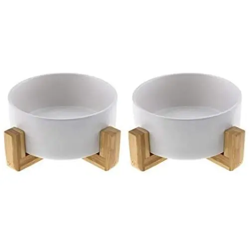 Micro Traders 2Pcs Ceramic Cat Dog Bowl, with Bamboo Elevated Stand for Puppy Kitten Pet Raised Feeder Gift Dishwasher-Safe White Micro Traders 2Pcs Ceramic Cat Dog Bowl, with Bamboo Elevated Stand for Puppy Kitten Pet Raised Feeder Gift Dishwasher-Safe White