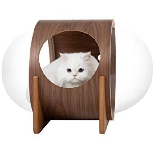 MYZOO Spaceship Alpha, Warm and Cozy Pet Bed for Cat & Dog, Designed & Modern Cat House, Wooden Cat Furniture(Oak & Walnut)