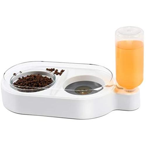 ELSPET 2 in1 Cats Gravity Waterer/Cats Food Bowl, Anti-Spill Raised Side/Anti-Slip Base, Pet Automatic Water Dispenser with Detachable Bowl and 500ml Water Bottle
