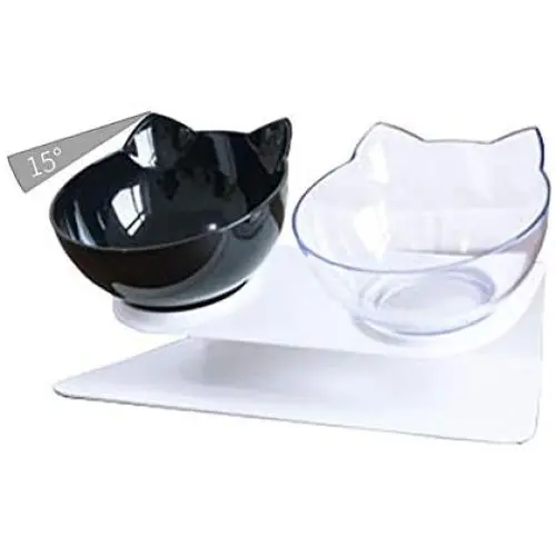 Luck Dawn Double Dog Cat Bowls with Raised Stand, 15 Degree Tilted Design Neck Guard Stand Raised Pet Food Water Feeder Bowl for Cats or Small Dogs Luck Dawn Double Dog Cat Bowls with Raised Stand, 15 Degree Tilted Design Neck Guard Stand Raised Pet Food Water Feeder Bowl for Cats or Small Dogs