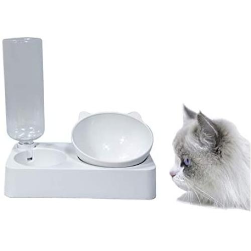 Luck Dawn Dog Cat Automatic Water Bowl with Raised Stand, 0-15 Degree Adjustable Tilted Design Neck Guard Stand Raised Elevated Pet Food Water Feeder Bowl Set for Cats or Small Dogs