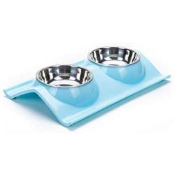 Suhaco Double Dog Bowl Cat Food Bowls Raised Pet Anti-Spill Stainless Steel Water Feeder for Dogs & Cats (Blue)