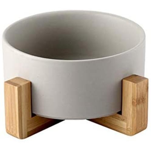 llkajes Ceramic Raised Cat Bowl Food Water Dog Basic Bowl with Anti-Slip Wooden Stand Protect Neck Joints Pet Feeding Bowls Easy to Clean Healthy Eating