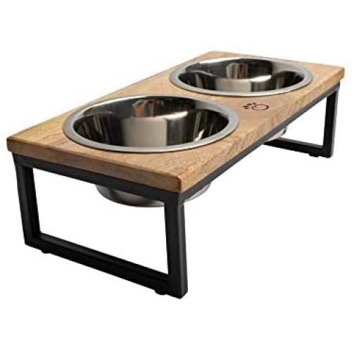 Brave Bark Wood & Metal Feeder - Premium Mango Wood Feeder with Metal Stand, 2 Stainless Steel Bowls for Food or Water Included, Perfect for Dogs, Cats & Pets of Any Size, Great for Home or Office (M)