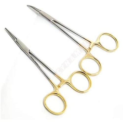 CYNAMED Premium German Set of 2 Ea Pet Cat Dog Hair Puller Remover Stainless Steel HEMOSTAT Locking Forceps 5'' Straight + Curved Full Serrated-s Ear Hair Clamp Pulling Shears Plier Pet Dog Trimmer