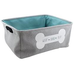 Winifred & Lily Pet Toy and Accessory Storage Bin, Organizer Storage Basket for Pet Toys, Blankets, Leashes and Food in Embroidered “Woof Bark Play in Dog Bone, Grey