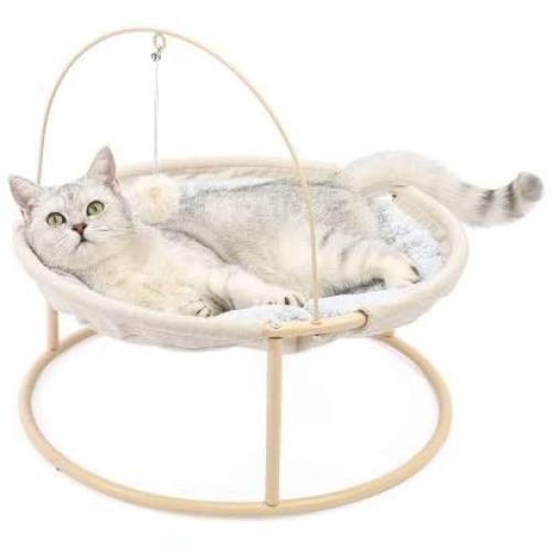 Fenley Cat Soft Plush Cat Hammock, Indoor Elevated Cat Bed with Dangling Ball and Stand, Detachable Washable and Portable Pet Bed Safe & Stable for Kitten Cats and Small Dogs (Beige)