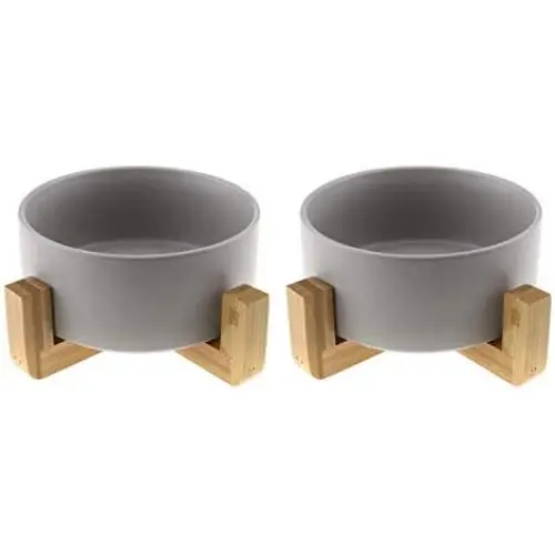 Micro Traders 2Pcs Ceramic Cat Dog Bowl, with Bamboo Elevated Stand for Puppy Kitten Pet Raised Feeder Gift Dishwasher-Safe Grey Micro Traders 2Pcs Ceramic Cat Dog Bowl, with Bamboo Elevated Stand for Puppy Kitten Pet Raised Feeder Gift Dishwasher-Safe Grey