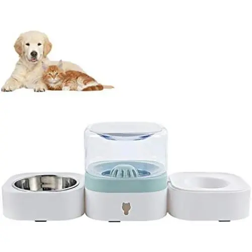PetEiZi 2 in 1 Pet Automatic 1.8L Large Unplugged Dog Water Dispenser Cat Food Feeder Bowls Detachable No-Spill for Kitten, Small Puppy Dogs - Green