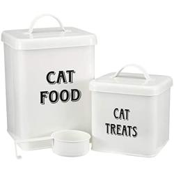 Pethiy Dog Food and Treats Containers Set with Scoop for Dogs-Vintage White Powder-Coated Carbon Steel - Tight Fitting Lids - Storage Canister Tins Small