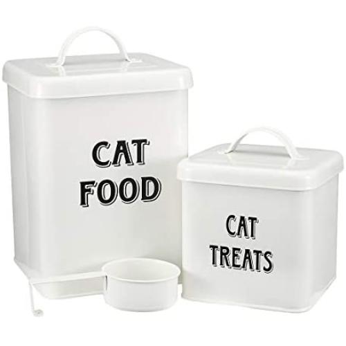 Pethiy Dog Food and Treats Containers Set with Scoop for Dogs-Vintage White Powder-Coated Carbon Steel - Tight Fitting Lids - Storage Canister Tins Small