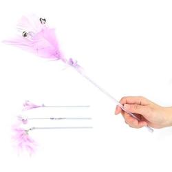 Cat Wand Toys, Feather Non‑Toxic Cat Teaser Stick, Durable Pink 3Pcs Pet Teaser Toy with Crisp Bell for Funny Cat Cat Play