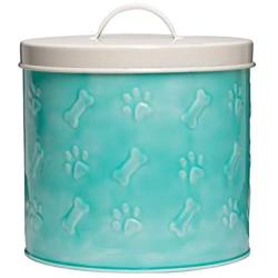 Amici Pet Akita Canister, Textured Metal Treat Storage Container with Raised Bones and Paws, Aqua Blue, 18 Ounce Capacity (Large)