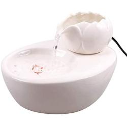 THMY Ceramic Cat Drinking Water Fountain,1.3 Liters Pet Water Fountains for Cats and Dogs,Electric Pet Water Dispenser with Quiet Pump and 5 Replacement Filters - White Lotus Style