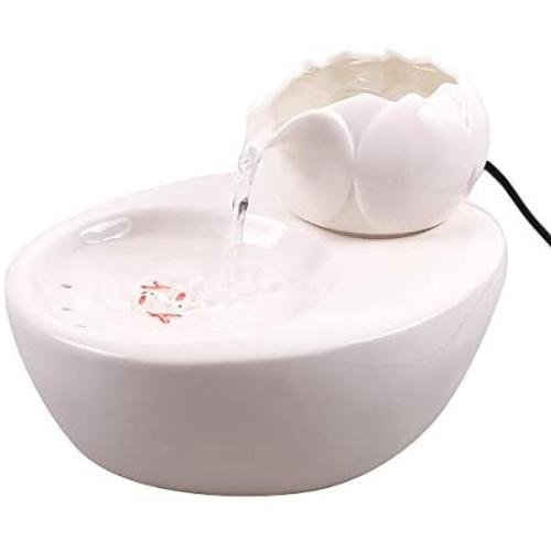 THMY Ceramic Cat Drinking Water Fountain,1.3 Liters Pet Water Fountains for Cats and Dogs,Electric Pet Water Dispenser with Quiet Pump and 5 Replacement Filters - White Lotus Style