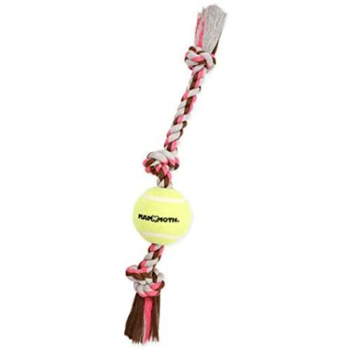 Mammoth Flossy Chews Color 3 Knot Tug w/Tennis Ball – Premium Cotton-Poly Tug Toy for Dogs – Interactive Dog Tug Toy – Rope Dog Toy with Tennis Ball