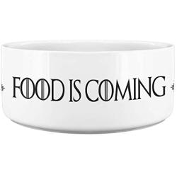 Awesome eMERCHency Food is Coming House Stark White Dog Bowl 7'' x 3'' Ceramic Dog Bowl/Plate Funny Pet Gift Inspired by Game of Thrones