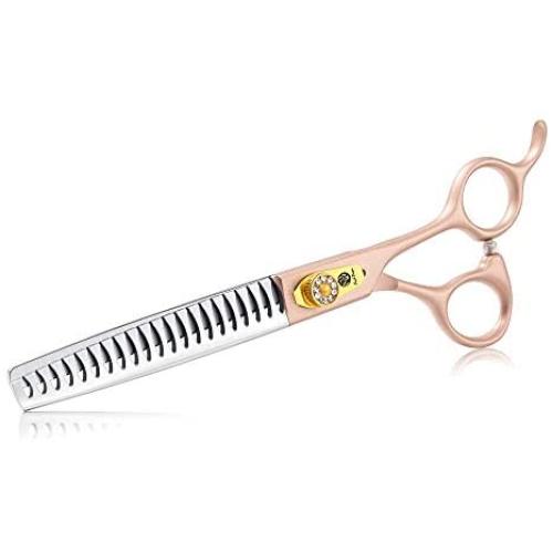 Purple Dragon 7.0'' 3 in 1 Gold Professional Pet Grooming Chunker Scissors - Downward Curved Shears and Dog Hair Cutting Scissor with Pet Comb for Pet Groomer or Family DIY Use