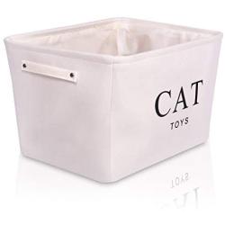 GUMEW White Canvas Cat Toy Basket Box for Cats Toy Storage. Size: 16in x 12.5ins x 7.5ins