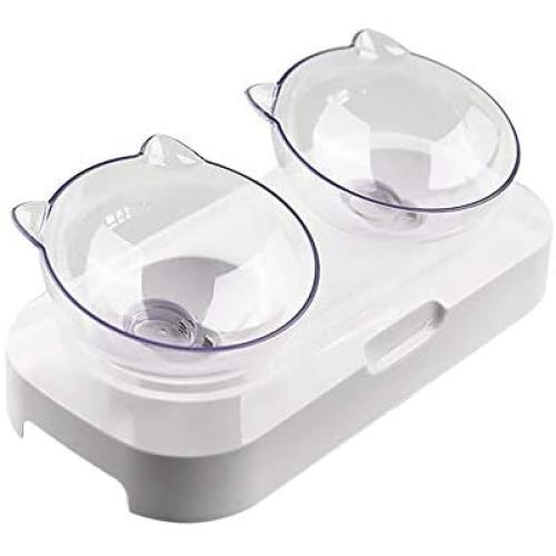 Double Pet Bowls,15°Tilted Design Food Dishes, PC Material Non-Toxic Drop Resistant Feeding Cup Raised with Stand