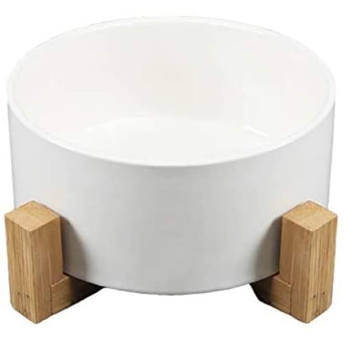 krueis Ceramic Cat Bowl with Wooden Base Dog Food Bowl Pet Supplies Diameter 6.10 Inch