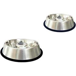 King International Stainless Steel Slow Feed Dog Bowl with a Silicone Base-Set of 2 | Medium 9.6 | Slow Feeder Dog Bowls Useful for Dog Food Gulping, Bloat and Rapid Eating