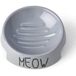 PetRageous 17014 Meow Inverted Stoneware Dishwasher Safe Cat Bowl .75-Cup 4.25-Inch Diameter 2-Inch Tall for Cats, 6-Ounce, Gray