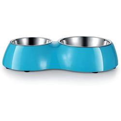 Flexzion Pet Feeder Feeding Drinking Stand Tray Station with Stable Plastic Dual Double Diner Stainless Steel Bowls Removable Dishes Food Water Holder for Dog Cat Puppies (Blue)