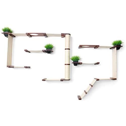 CatastrophiCreations Cat Mod Garden Complex Handcrafted Wall Mounted Cat Tree Shelves with Planter for Cat Grass, English Chestnut/Natural, One Size