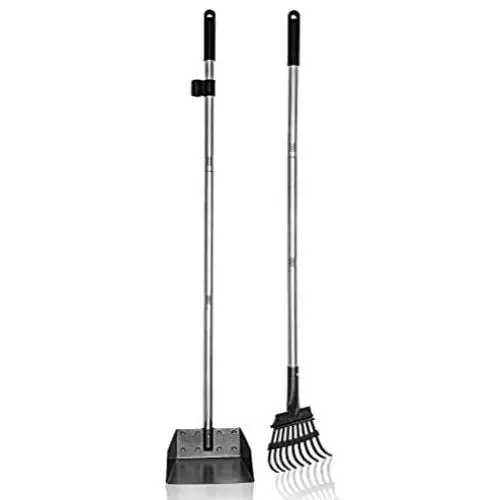 EXPAWLORER Pet Poop Tray and Rake - 37.4'' Pet Waste Removal Long Handle Bin with Rake for Dog