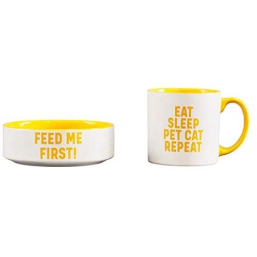 Wild & Woofy Ceramic Coffee Mug & Feed Me First Cat Food Bowl Set