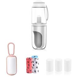 KuraMart Portable Dog Pet Travel Water Bottle Leak-Proof Drinking Cat Cup with 3PCS PP Conton Filter & Pet Dog Poop Bag Dispenser with 3 Rolls Waste Bags for Pets Outdoor Walking Hiking Travel