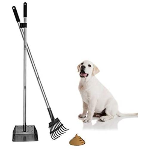 Mihachi Pet Poop Tray and Rake Set - Long Handle Pooper Scooper - 37.4'' Pet Waste Removal Bin & Rake for Dogs