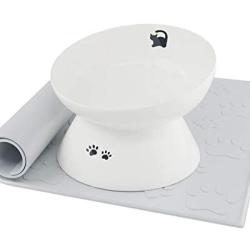 immaculife Ceramic Raised Cat Food Bowl with Anti-Slip Mat, Slanted Cat Dish, Tilt Angle Protect Cats Spine, Stress Free, Backflow Prevention