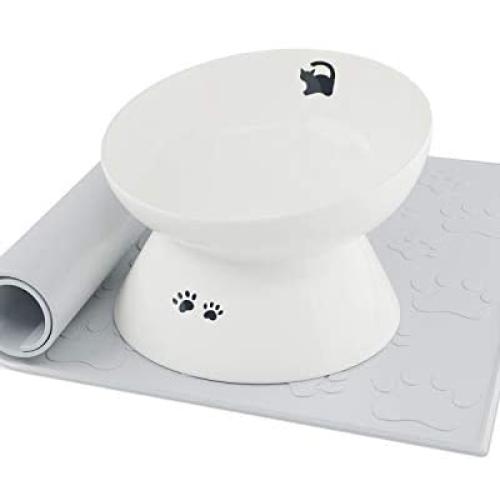 immaculife Ceramic Raised Cat Food Bowl with Anti-Slip Mat, Slanted Cat Dish, Tilt Angle Protect Cats Spine, Stress Free, Backflow Prevention