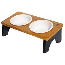 LOVENE Eco-Friendly Elevated Dog and Cat Double Noise-Free Stoneware Ceramic Raised Pet Bowls and Wooden Frame Set, Elevated Pet Feeder