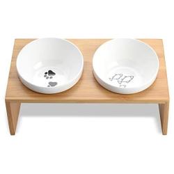 Lollimeow Pet Elevated Dog and Cat Wooden Rack Pet Feeder, Raised Stand Comes with Two Ceramic Bowls