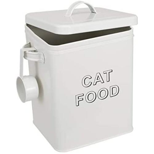 Pethiy Cat Food and Treats Containers Set with Scoop for Cats or Dogs -Tight Fitting Wood Lids - Coated Carbon Steel - Storage Canister Tins-Cat