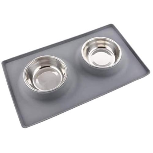 ALBOLET Double Dog Bowls with Mat,Double Stainless Steel Dog Food and Water Bowls(26.5 oz for Each Bowl), No Spill Non-Skid Silicone Mat Pet Feeder Bowl for Dogs,Grey