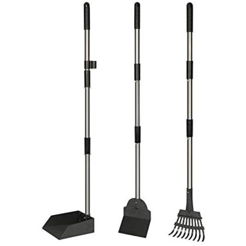 Heeyoo Dog Poop Tray and Rake Set, Pet Waste Removal Scoop with Long Adjustable Sectional Stainless Handles