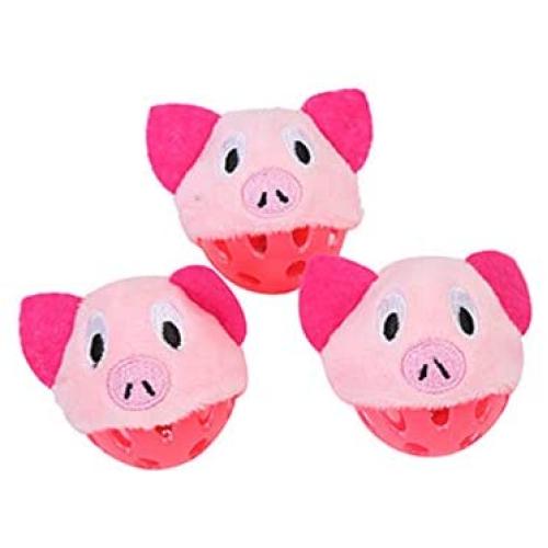 ocijf179 Cat Toy 3Pcs Frog Pig Shape Plush Bell Hollow Out Round Ball Cat Kitten Interactive Toy - Pink Pig