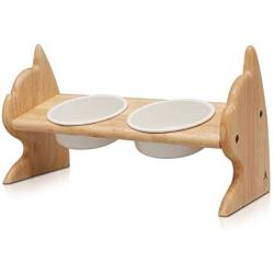 SCOGKATT CS Premium Elevated Dogs and Cats Feeder, Double Bowl Raised Stand with Ceramic Bowls Included. Made from Natural Rubber Wood Perfect for Small Dogs and Cats