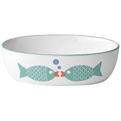 PetRageous 13057 Bubble Fish Oval Dishwasher Safe Stoneware Cat Bowl 6.5-Inch Long 4-Inch Wide 2-Inch Tall 2-Cups Capacity for Cats, White