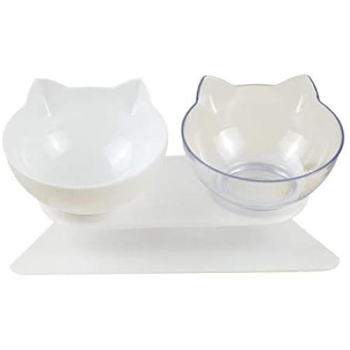 ocijf179 Cat Bowl Double/Single Cat Dog Water Food Bowl with Raised Stand Pet Feeder Supplies - Black + Clear Double Bowl