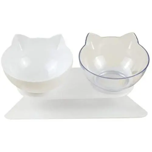 ocijf179 Cat Bowl Double/Single Cat Dog Water Food Bowl with Raised Stand Pet Feeder Supplies - Black + Clear Double Bowl