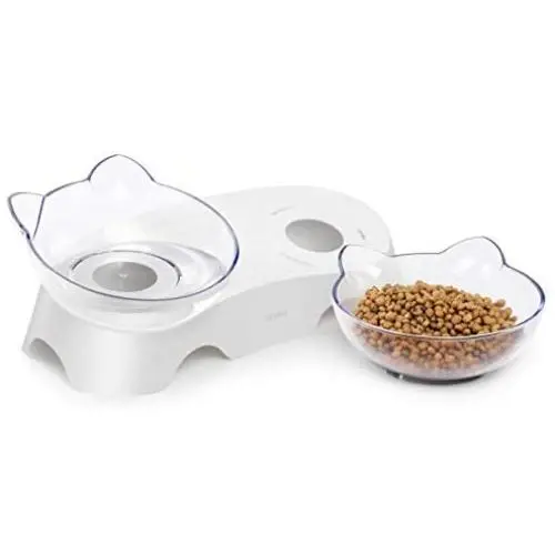 MILIFUN Elevated Double Cat Dog Bowls, Pet Food and Water Bowl with 15°Tilted Raised, Pet Feeding Basic Bowl for Cats Small Dogs and Other Small Animals White MILIFUN Elevated Double Cat Dog Bowls, Pet Food and Water Bowl with 15°Tilted Raised, Pet Feeding Basic Bowl for Cats Small Dogs and Other Small Animals White