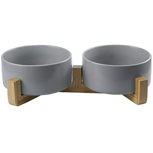 LIONWEI LIONWELI Ceramic Cat Bowl with Wood Stand No Spill Pet Food Water Feeder Cats Small Dogs