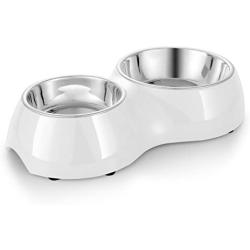 Flexzion Pet Feeder Feeding Drinking Stand Tray Station with Stable Plastic Dual Double Diner Stainless Steel Bowls Removable Dishes Food Water Holder for Dog Cat Puppies (Off-White)